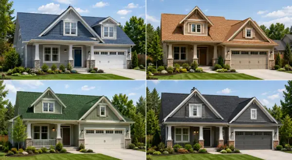 Four houses showcase different shingles colors: blue, brown, green, and dark gray.