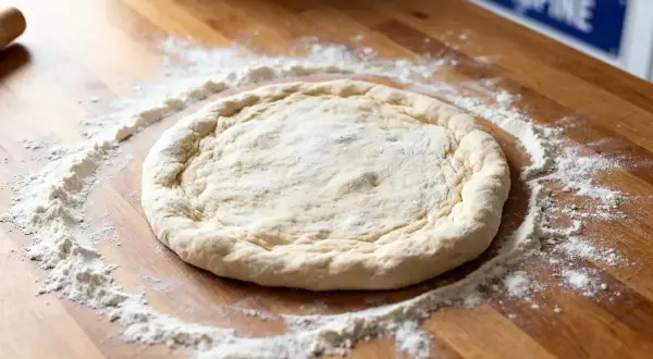 Pâte à pizza qui colle, étalée sur un plan de travail en bois, saupoudrée de farine.