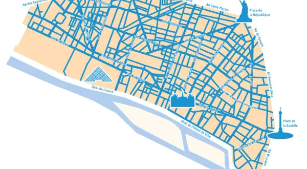Carte stylisée de Paris, montrant le réseau routier dense de la ztl Paris, avec des icônes pour le Louvre, la Bastille et la République.