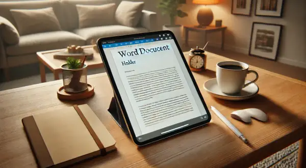 Tablet z dokumentem Word, notatnik, kawa i myszka na drewnianym biurku.