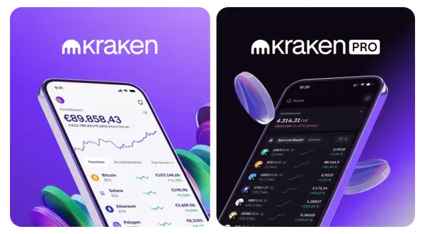 Zwei Smartphones zeigen die Kraken-App. Eine positive Kraken-Erfahrung mit hohen Gewinnen wird durch die Anzeige des Portfoliowerts und der Kryptowährungskurse visualisiert.