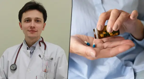 Lekarz w białym kitlu i pacjentka przyjmująca leki. Leczenie wysokiego cholesterolu.