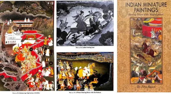Mughal miniature paintings showcase vibrant hunting scenes, including ladies hunting boar and a prince with his retinue.