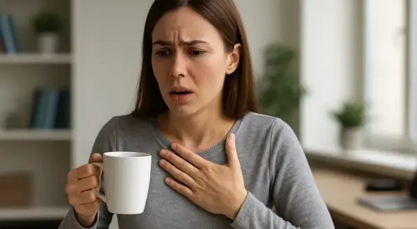 Kobieta z kubkiem w dłoni czuje niepokój, jakby wypiła 500 mg kofeiny.