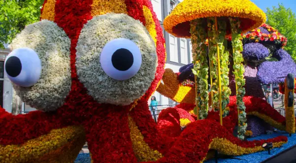 Enorm blomma-bläckfisk med stora ögon, en gul manet och lila blommor. En färgsprakande syn från Amsterdam, kanske en del av en parad med tulpaner.