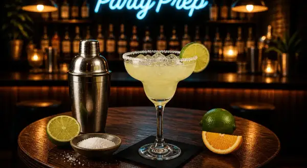 En perfekt förberedd spicy margarita med lime och salt på ett runt träbord. En shaker och mer lime finns bredvid.