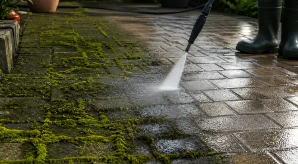 Czyszczenie kostki brukowej z mchu za pomocą myjki ciśnieniowej. Woda usuwa zielony nalot z mokrej nawierzchni.
