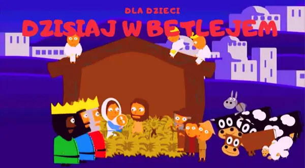 Dziś w Betlejem, golec uorkiestra śpiewa o narodzinach. W żłóbku Maryja z Jezusem, Trzej Królowie, zwierzęta i aniołki.