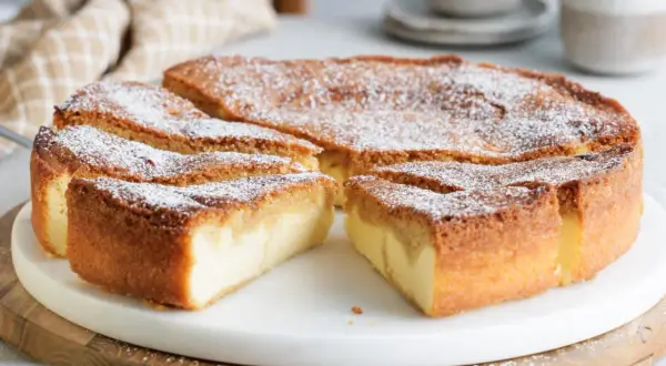 Ein köstlicher, in Stücke geschnittener Käsekuchen, bestäubt mit Puderzucker. Ein Stück Kuchen zum Genießen, dreh dich um Kuchen!