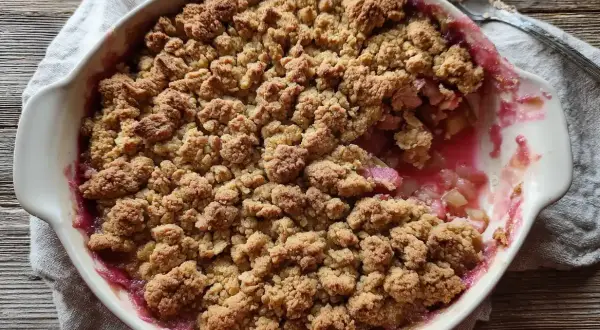 En härlig sockerfri rabarberpaj med krispigt täcke i en vit form. Perfekt för en hälsosam fika.