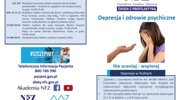 Obraz przedstawia kampanię informacyjną o depresji i zdrowiu psychicznym, podkreślając, że choroby psychiczne dotykają wielu osób i oferując pomoc.