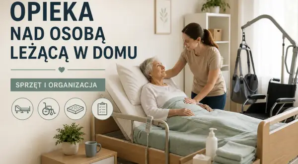 Opieka nad osobą leżącą w domu: sprzęt i organizacja. Młoda kobieta troskliwie pochyla się nad starszą panią w łóżku.