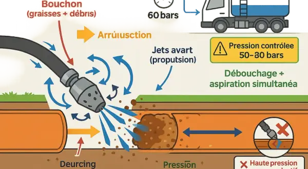 Débouchage d'une canalisation bouchée fosse septique par jet d'eau haute pression. Le jet avant propulse et le jet arrière aspire les débris.