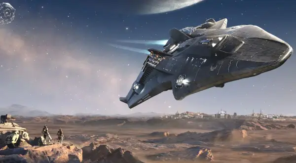 Statek kosmiczny nad planetą, dwaj astronauci i pojazd na skalistym pustkowiu. Scena jak z gier o kosmosie.