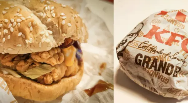 KFC Grande, pyszny burger z chrupiącym kurczakiem i sosem. Dłuższy posiłek to dłuższe doznania smakowe, ale pamiętaj o jego kaloryczności.