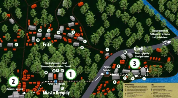 Mapa kompleksu mamerki bunkry. Znajdują się tu muzeum, parking, schrony i gigantyczne bunkry.