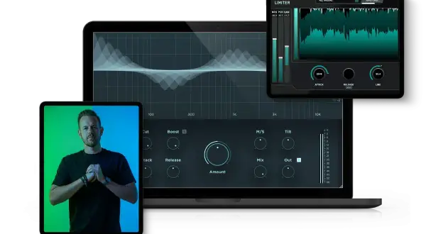 Man with hands clasped, surrounded by digital audio workstations and plugins, showcasing the best vocal plugins for music production.