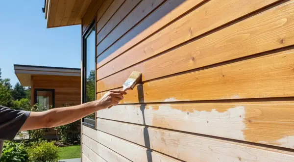 Application d'un lazur bois sur une façade en bois. La moitié est traitée, l'autre attend son tour.