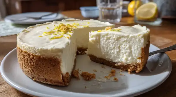 En krämig cheesecake med citronskal, perfekt för ett enkelt cheesecake recept. En bit är redan uppskuren.