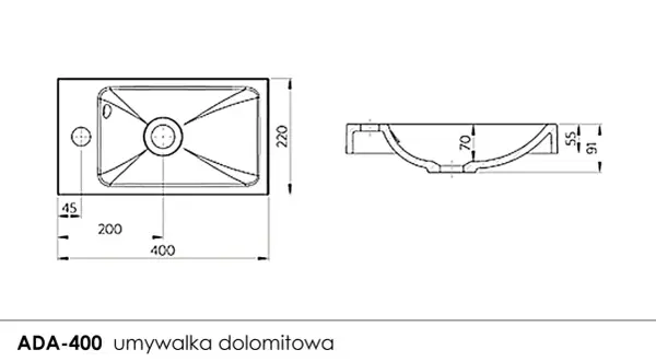 Rysunek techniczny przedstawia wąska umywalka ADA-400 o wymiarach 400x220 mm, z zaznaczonymi głębokościami i szerokościami.