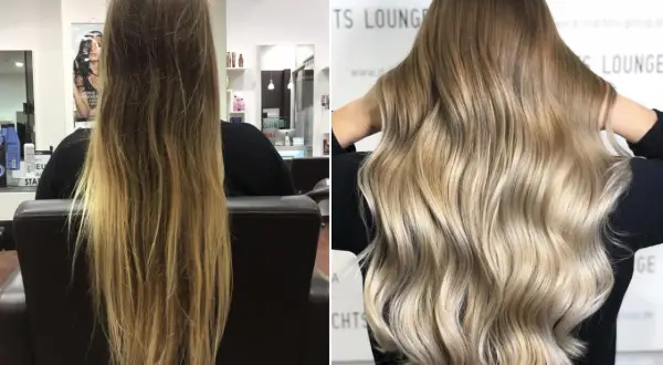 Vorher-Nachher-Vergleich: Langes, blondiertes Haar wird zu voluminösen Wellen mit einem V-Schnitt und strahlendem Glanz.