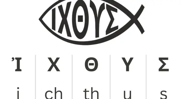Der Ichthys, ein christliches Symbol, stellt einen Fisch dar, der die Anfangsbuchstaben von "Jesus Christus, Gottes Sohn, Retter" in Griechisch bildet.