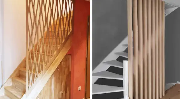 Escalier en bois avec un garde-corps ajouré en escalier claustra à gauche, et un escalier moderne avec un claustra vertical en bois à droite.