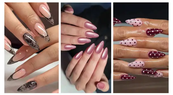 Idée ongle ballerine : trois styles élégants. French revisité avec dentelle noire, rose métallique nacré, et pois sur fond rose et bordeaux.