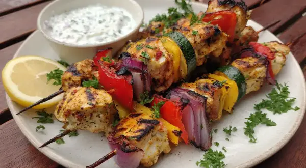 Grillade kycklingspett i ugn med grönsaker och en klyfta citron. Serveras med en krämig yoghurtsås.