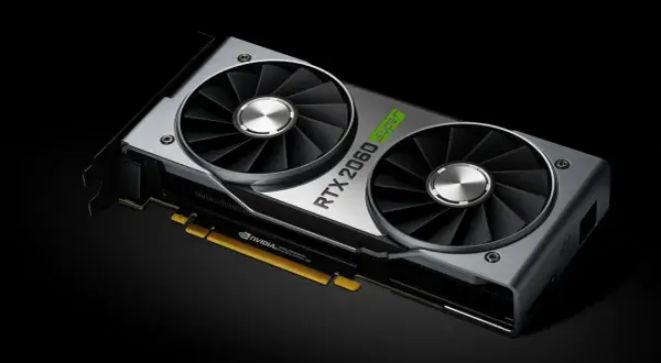 Karta graficzna NVIDIA RTX 2060 Super z dwoma wentylatorami. Jej VRAM pozwala na płynną grę.