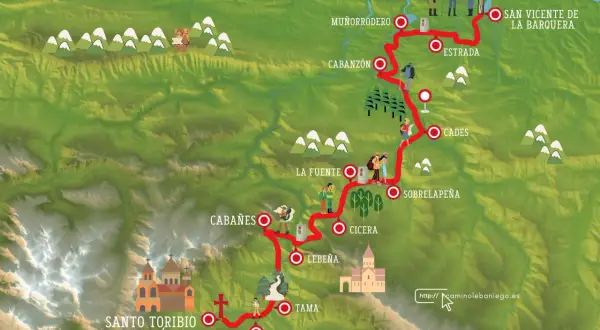 Mapa ilustrado del **camino lebaniego**, con su **dificultad** representada por el terreno montañoso y la ruta marcada.