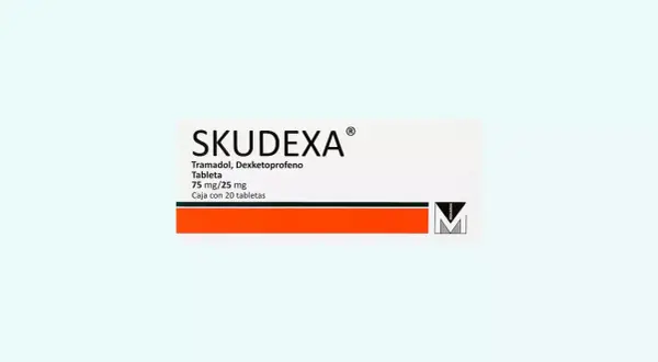 Opakowanie leku Skudexa 75 mg + 25 mg, zawierające 20 tabletek tramadolu i deksketoprofenu.