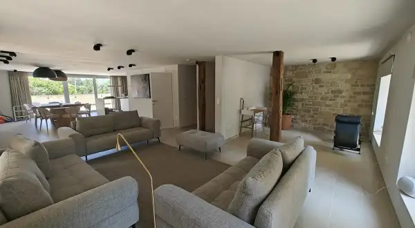 Salon moderne avec canapés gris, un pouf, un tapis, et un mur en pierre apparente rustique. Une plante verte et un fauteuil noir complètent l'espace.