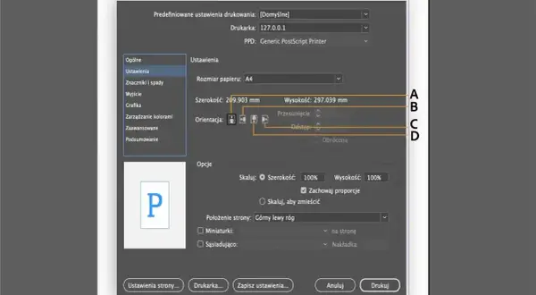 Okno dialogowe "Drukuj" w programie do drukowania zdjęć, z ustawieniami rozmiaru papieru A4, orientacji i skali.