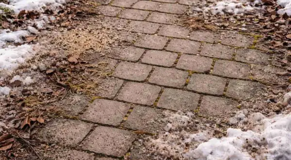 Ein Weg aus rechteckigen Pflastersteinen, der im Winter mit Schnee und Laub bedeckt ist. Die Steine sind unregelmäßig verlegt, was den Eindruck von **pflastersteine schneiden** erweckt.