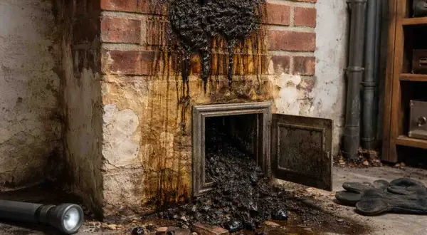 Schwerwiegende Versottung am Schornstein: Dicke schwarze Ablagerungen tropfen aus einer geöffneten Klappe und bedecken den Boden. Ein Handschuh und eine Taschenlampe liegen daneben.
