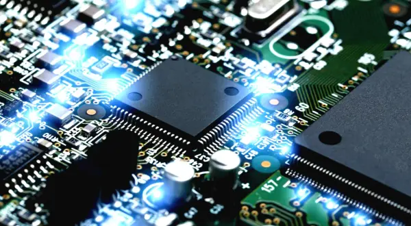 Placa de circuito electrónico con luces azules brillantes, similar a la de un ecu coche.