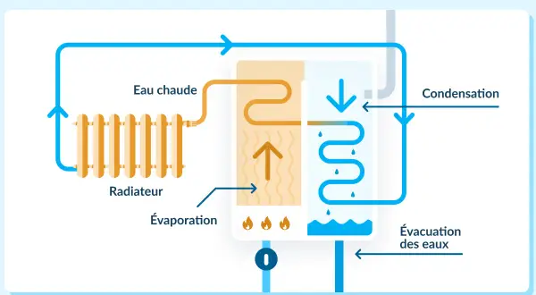 Schéma illustrant le fonctionnement d'une chaudière gaz à condensation, montrant le circuit de l'eau chaude vers le radiateur, l'évaporation et la condensation.