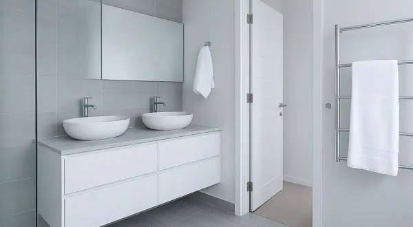Modernos lavabos dobles sobre mueble blanco, espejo grande y azulejos grises. ¡Ideas para reformas de baños elegantes y funcionales!