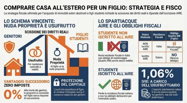Scissione diritti reali (usufrutto/nuda proprietà) per tutelare i diritti dei figli sulla casa dei genitori all'estero.