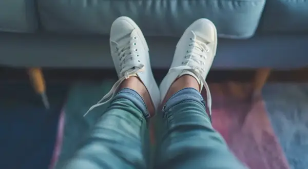 Vita sneakers sitter bekvämt på fötterna, med snören löst knutna. Perfekt för att visa hur skor ska sitta för maximal komfort.