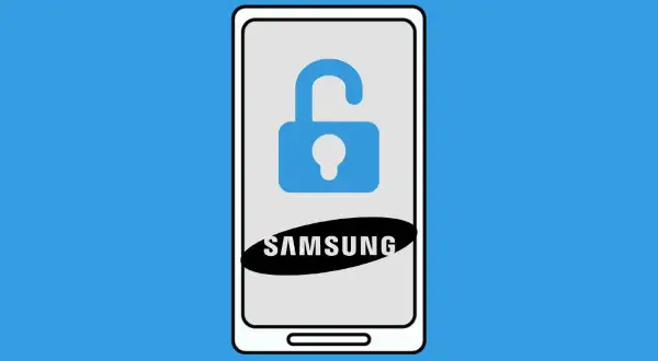 Ilustración de un teléfono Samsung con un candado abierto, indicando cómo averiguar patrón de desbloqueo.