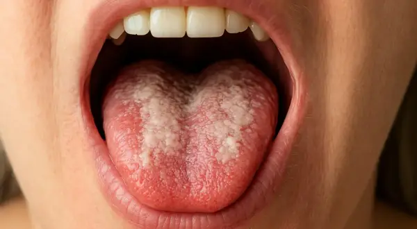 Bocca adulta con lingua arrossata e macchie bianche, suggestive di mughetto.