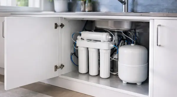 Système de filtration d'eau sous évier, avec son tuyau osmoseur et son réservoir blanc.