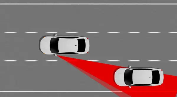 Dos coches en la carretera. Uno detecta al otro con un área roja, indicando un posible punto muerto coche.