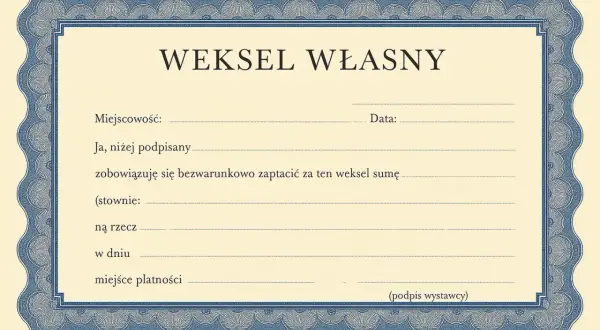 Formularz weksla własnego z polami do wypełnienia: miejscowość, data, kwota, odbiorca i podpis.