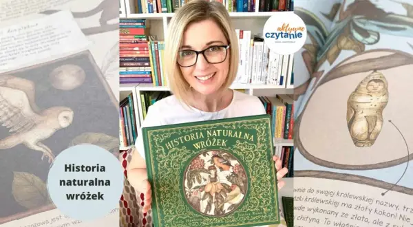Kobieta z uśmiechem prezentuje piękne książki o wróżkach, w tym "Historia naturalna wróżek" z ilustracją bajkowej postaci.
