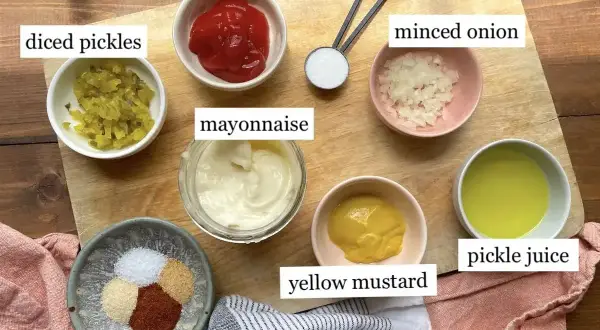 Składniki do sosu big mac: majonez, ketchup, musztarda, cukier, posiekana cebula, ogórek konserwowy, sok z ogórka, sól, cebula, czosnek i papryka.