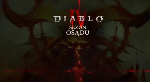 Diablo 4: Sezon Osądu. Mroczna wizja z przerażającą postacią w centrum i logiem gry.