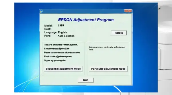 Program EPSON Adjustment Program dla modelu L395. Umożliwia reset i dostosowanie drukarki.
